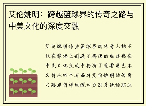 艾伦姚明：跨越篮球界的传奇之路与中美文化的深度交融